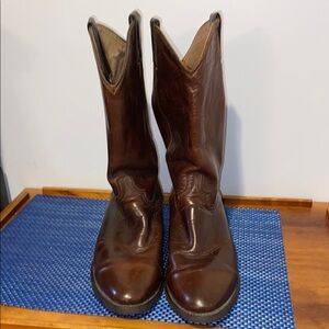 Vintage Cowboy boots, 10.5, solid brown pull-ons, newly re-soled, leather